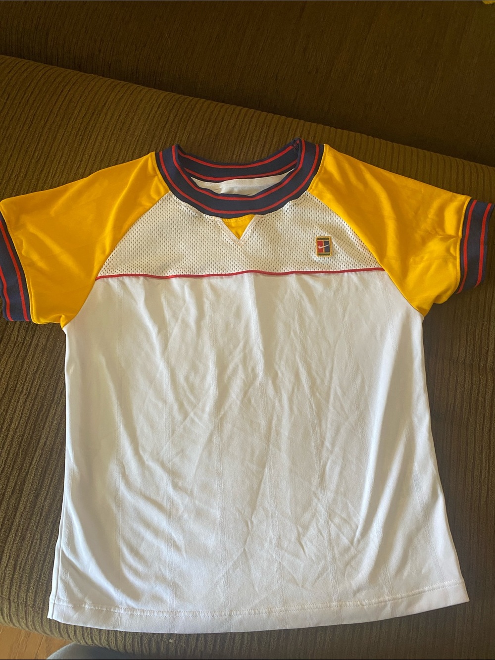 Nike White Jersey with Yellow Raglan Sleeves and Navy-Red Trim